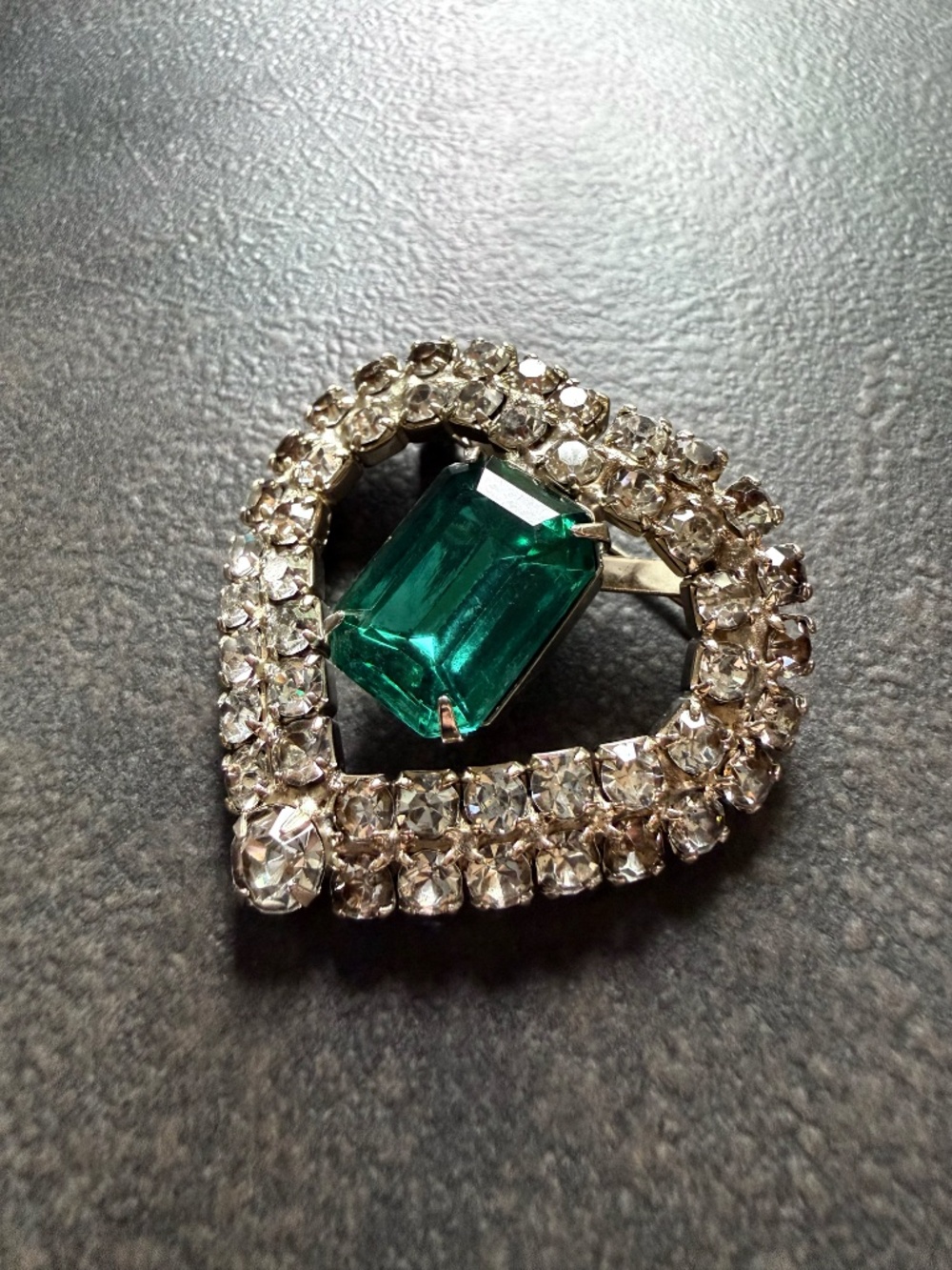 Rhinestone Heart Broach with Large Emerald Rhinestone
